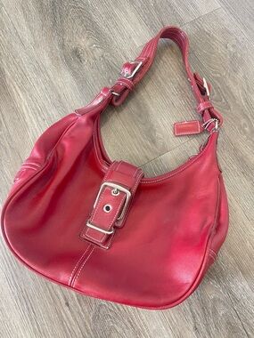 Coach Red Leather Vintage Shoulder Bag with Buckle Strap